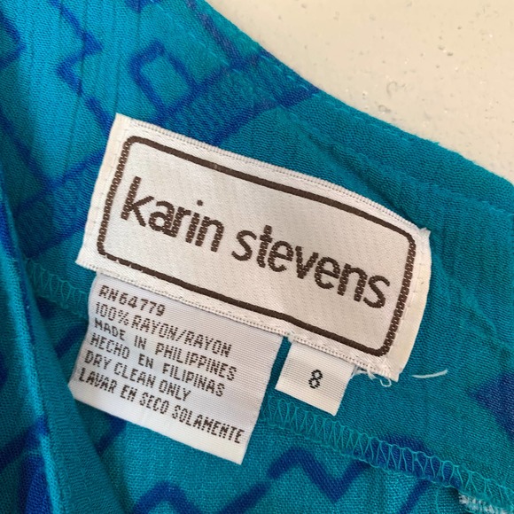 VTG 80s 90s Karin Stevens 100% rayon blue teal abstract stripe maxi dress Size 8 - Picture 5 of 11